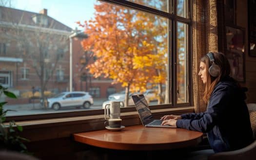 Student studying with laptop and coffee in a quiet Ann Arbor cafe with autumn views