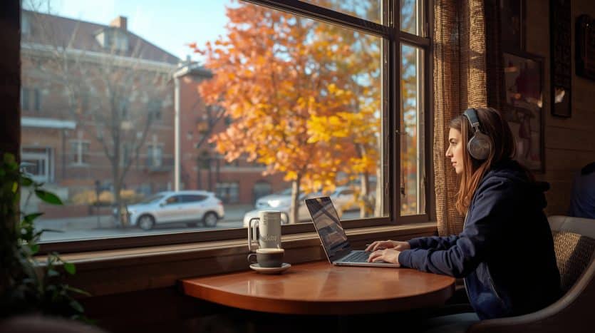 Student studying with laptop and coffee in a quiet Ann Arbor cafe with autumn views