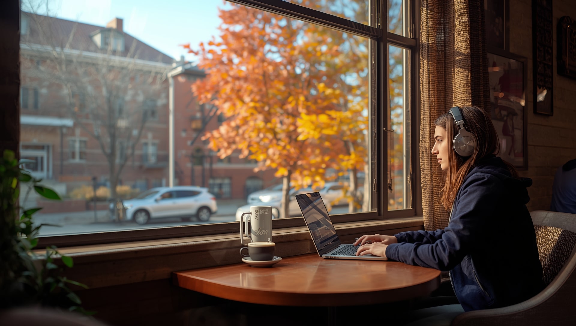 Student studying with laptop and coffee in a quiet Ann Arbor cafe with autumn views